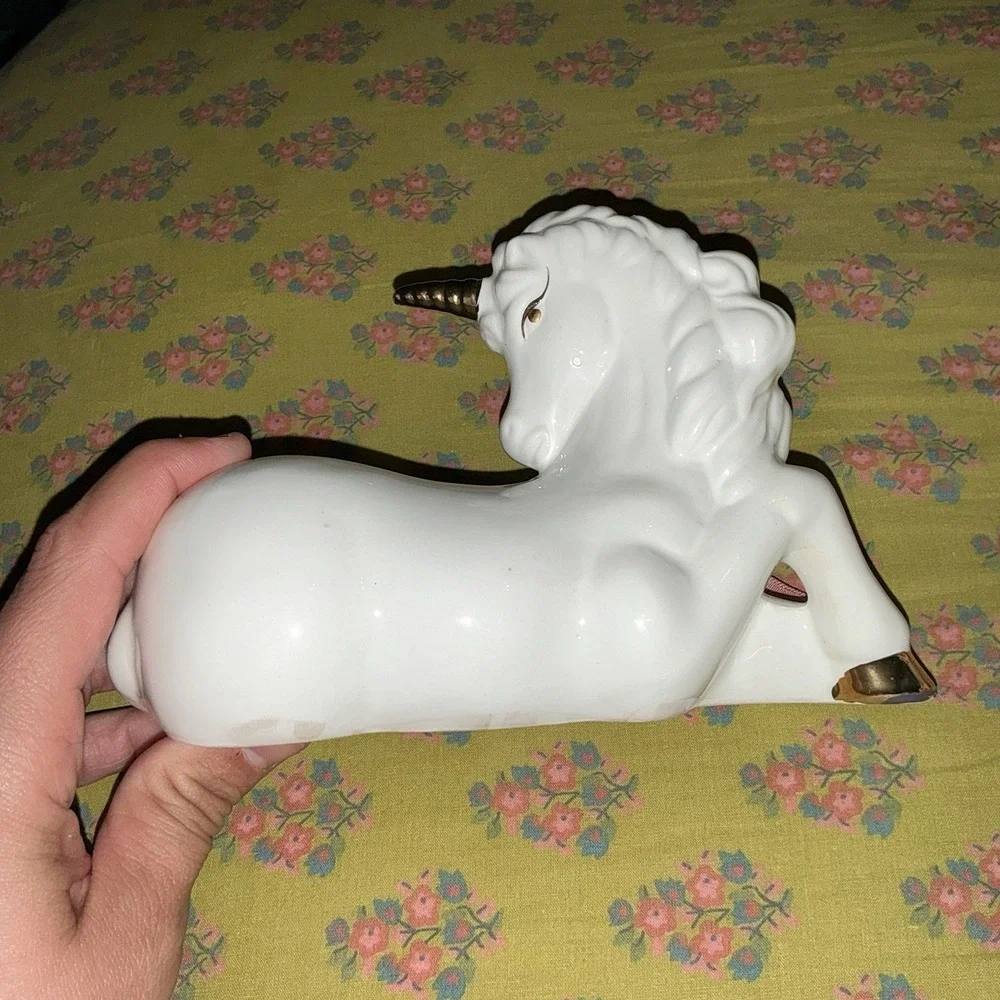 Vintage Porcelain Unicorn Pink Bow 7x9